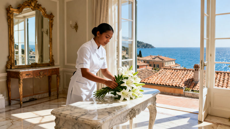Agenzia per personale domestico Portofino - lavoratrice asiatica in uniforme bianca che dispone fiori in villa lusso vista mare