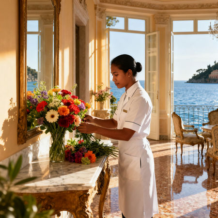 Agenzia per personale domestico Portofino - domestica asiatica in uniforme bianca che sistema fiori in villa lussuosa