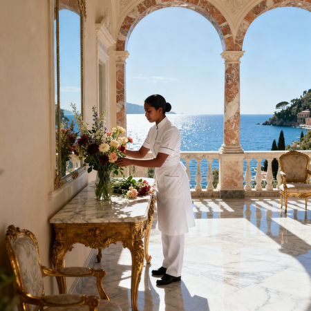 Agenzia per personale domestico Portofino - lavoratrice domestica asiatica in uniforme bianca che dispone fiori in villa lussuosa