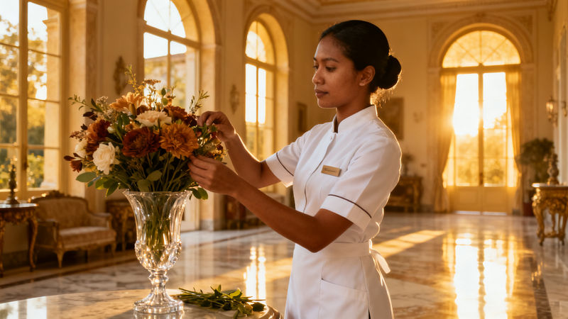Agenzia per personale domestico Reggio Emilia - lavoratrice asiatica in uniforme bianca che dispone fiori in villa di lusso