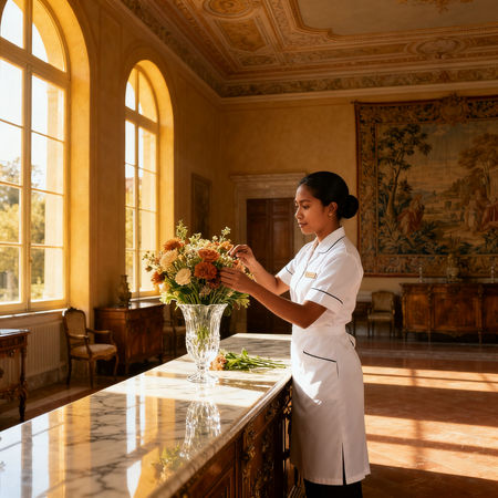 Agenzia per personale domestico Reggio Emilia - lavoratrice asiatica in uniforme bianca con fiori in vaso di cristallo