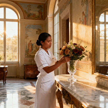 Agenzia per personale domestico Reggio Emilia - lavoratrice asiatica in uniforme bianca con fiori in villa lussuosa