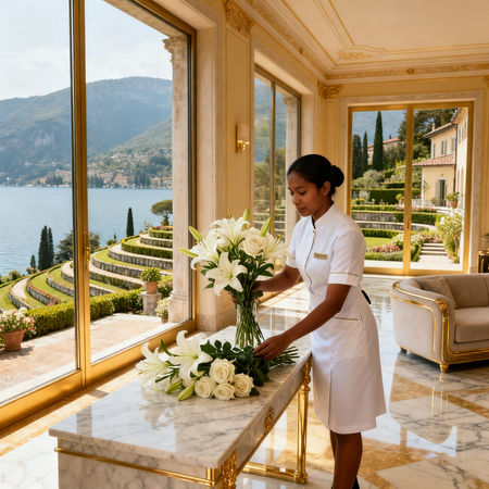 Migliore agenzia colf Desenzano del Garda - lavoratrice asiatica in uniforme bianca che dispone fiori in villa di lusso