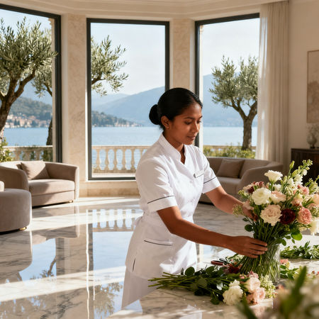 Migliore agenzia colf Desenzano del Garda - lavoratrice asiatica in uniforme bianca che dispone fiori in villa di lusso
