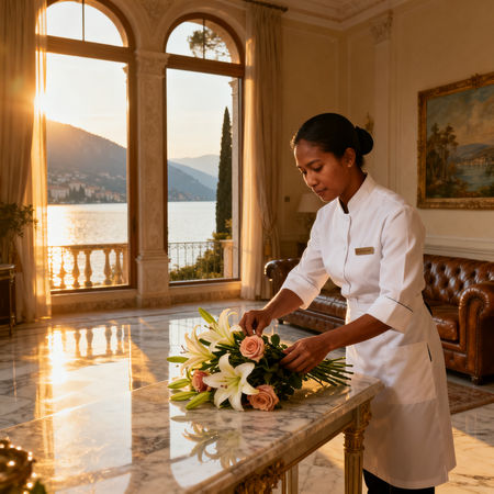 Migliore agenzia colf Desenzano del Garda - lavoratrice asiatica in uniforme bianca che dispone fiori villa lusso sul Garda
