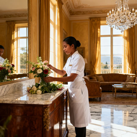 Migliore agenzia colf Genova - Domestica asiatica in uniforme impeccabile che cura un soggiorno lussuoso di una villa genovese