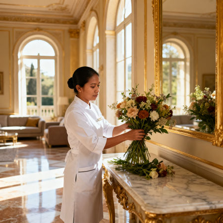Migliore agenzia colf Monza: lavoratrice domestica asiatica in uniforme bianca che dispone fiori in villa di lusso a Monza
