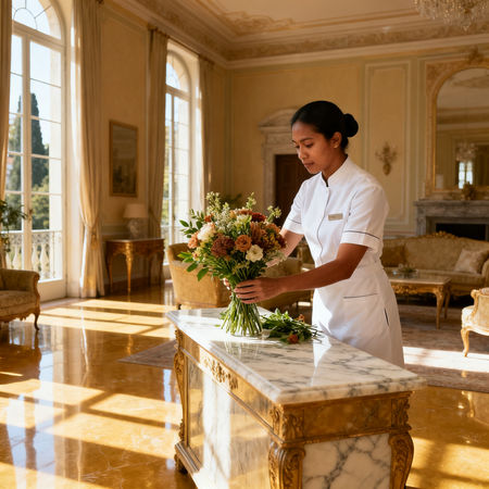 Migliore agenzia colf Monza - lavoratrice domestica asiatica in uniforme bianca che dispone fiori in villa di lusso a Monza