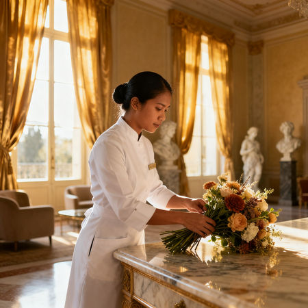 Migliore agenzia colf Monza: domestica asiatica in uniforme bianca che dispone fiori in villa di lusso a Monza