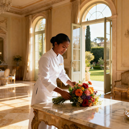 Migliore agenzia colf Terni - lavoratrice domestica asiatica in uniforme bianca che dispone fiori in villa italiana di lusso
