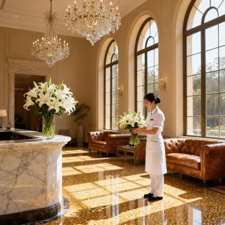 Migliore agenzia colf Terni - lavoratrice asiatica in uniforme bianca che dispone fiori in villa italiana di lusso
