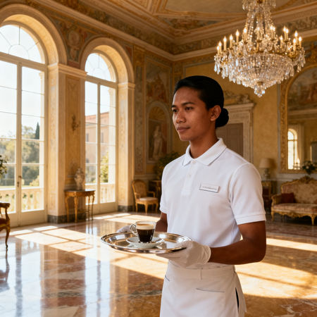 Migliore agenzia colf Vercelli - Asian domestic worker serving espresso in luxurious Italian villa