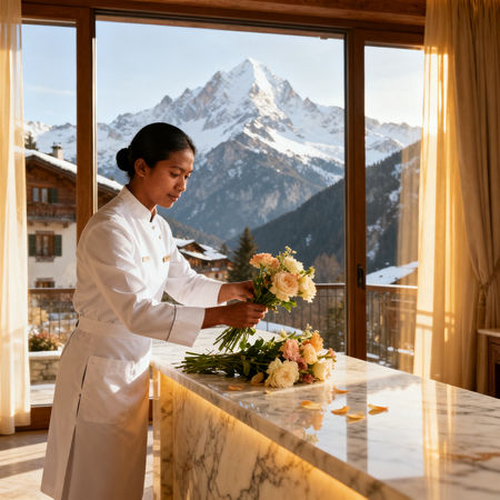 Migliore agenzia domestici Courmayeur - asiatica in uniforme in villa di lusso Courmayeur con vista Alpi