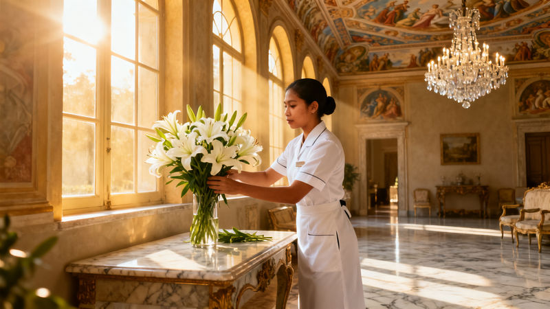 Migliore agenzia domestici La Spezia - Lavoratrice asiatica in uniforme bianca che dispone fiori in villa lusso La Spezia