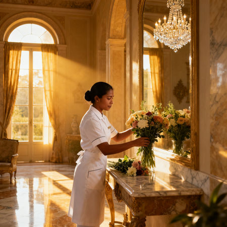 Migliore agenzia domestici La Spezia - lavoratrice asiatica uniforme bianca che dispone fiori in villa lusso vicino a La Spezia