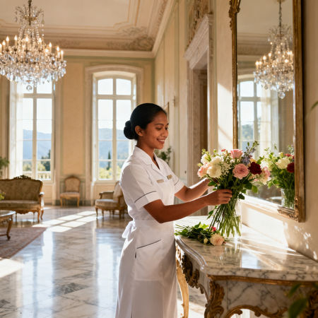 Migliore agenzia domestici La Spezia - lavoratrice asiatica in uniforme bianca dispone fiori in villa lusso La Spezia