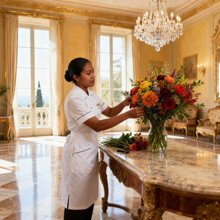 Migliore agenzia domestici La Spezia - lavoratrice asiatica in uniforme bianca dispone fiori in villa lusso La Spezia