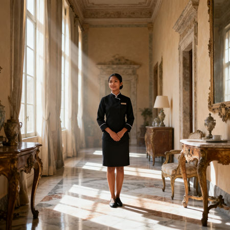 Migliore agenzia domestici Perugia - lavoratrice domestica asiatica in uniforme nera villa perugina di lusso interni vintage