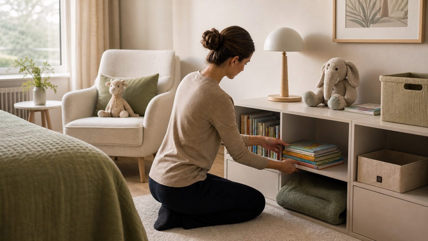 Babysitter convivente referenziata mentre organizza libri e giochi in una camera per bambini