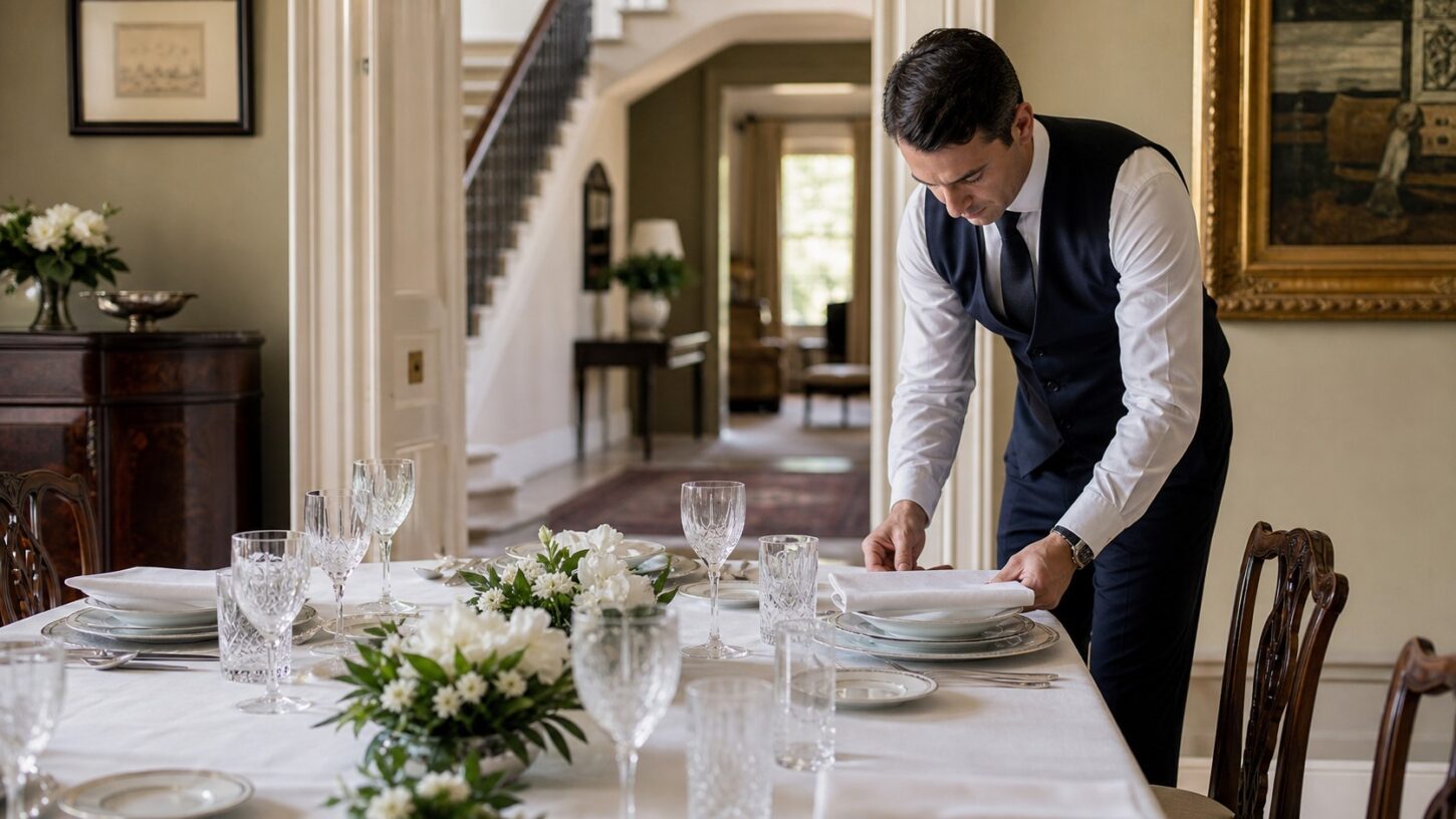 Maggiordomo per famiglia privata in una residenza elegante durante la preparazione della tavola