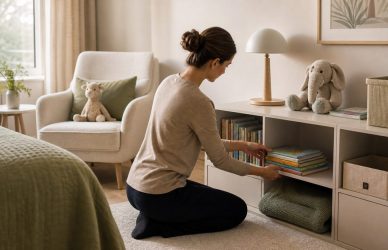 Babysitter convivente referenziata mentre organizza libri e giochi in una camera per bambini