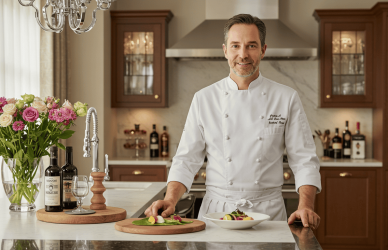Chef convivente per famiglia privata in una cucina domestica elegante