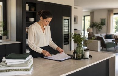 Governante convivente in una residenza privata mentre coordina organizzazione domestica e biancheria