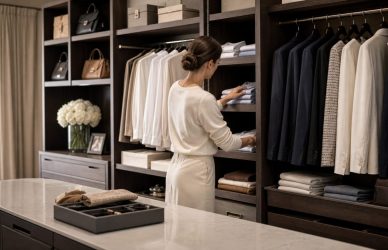 Guardarobiera per famiglia privata mentre organizza capi e biancheria in un guardaroba residenziale