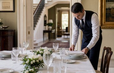Maggiordomo per famiglia privata in una residenza elegante durante la preparazione della tavola